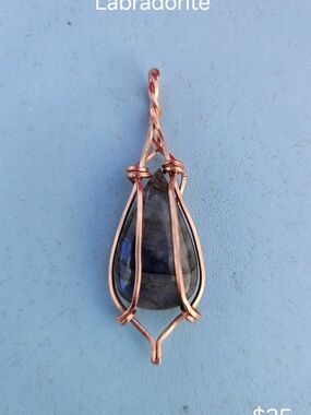 Hand Crafted Copper-Wrapped Labradorite Pendant in Blue-Gray